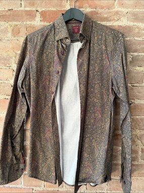 Men's Paisley Button-Front Shirt Jacket in Brown and Olive